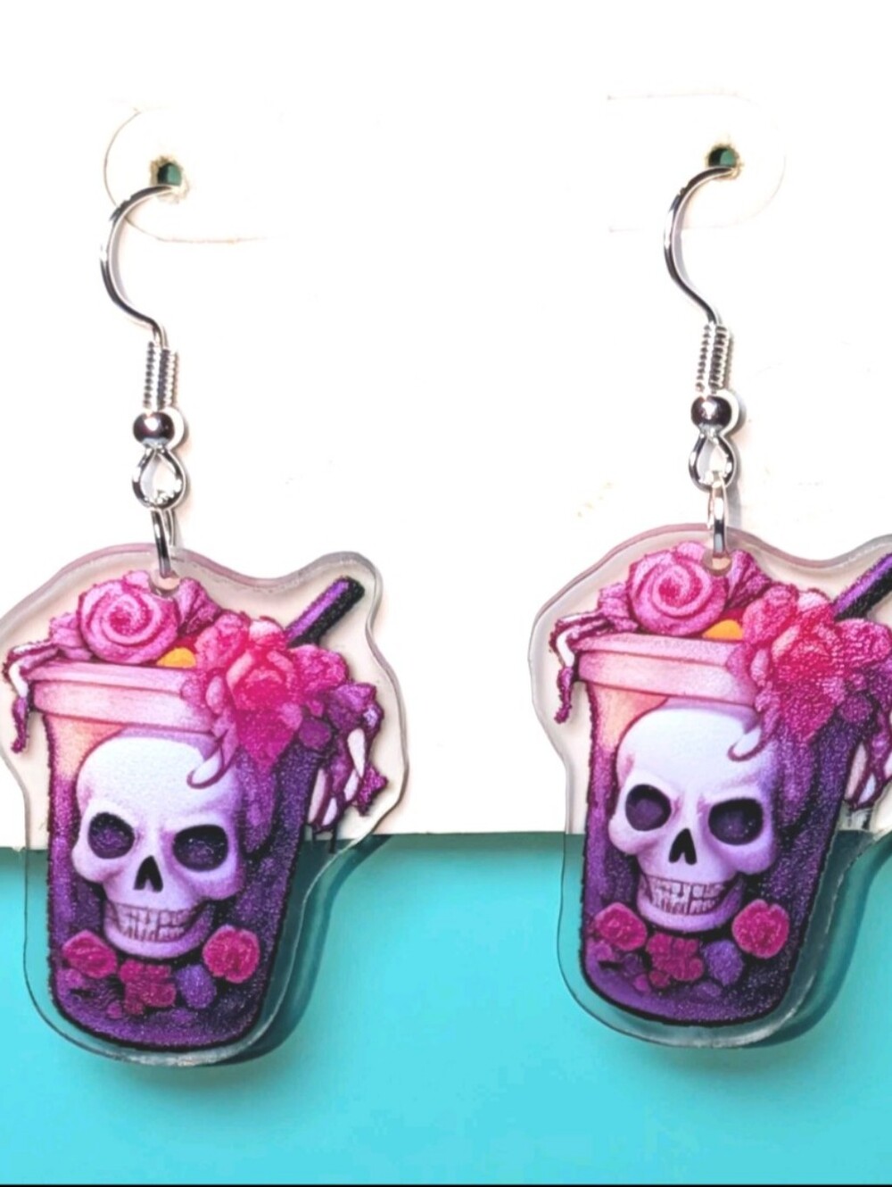 Hand Crafted Pink Skull Floral Drink Dangle Earrings